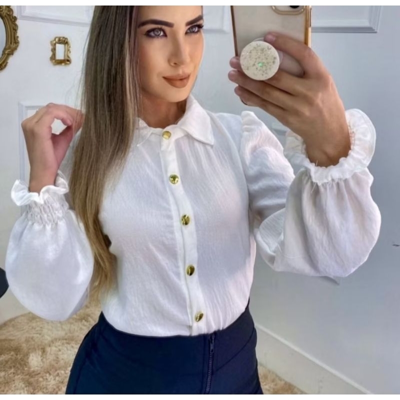 Blusa Feminina Branca Social Manga Longa Elegante Botões Moda Feminina Trabalho Escritório