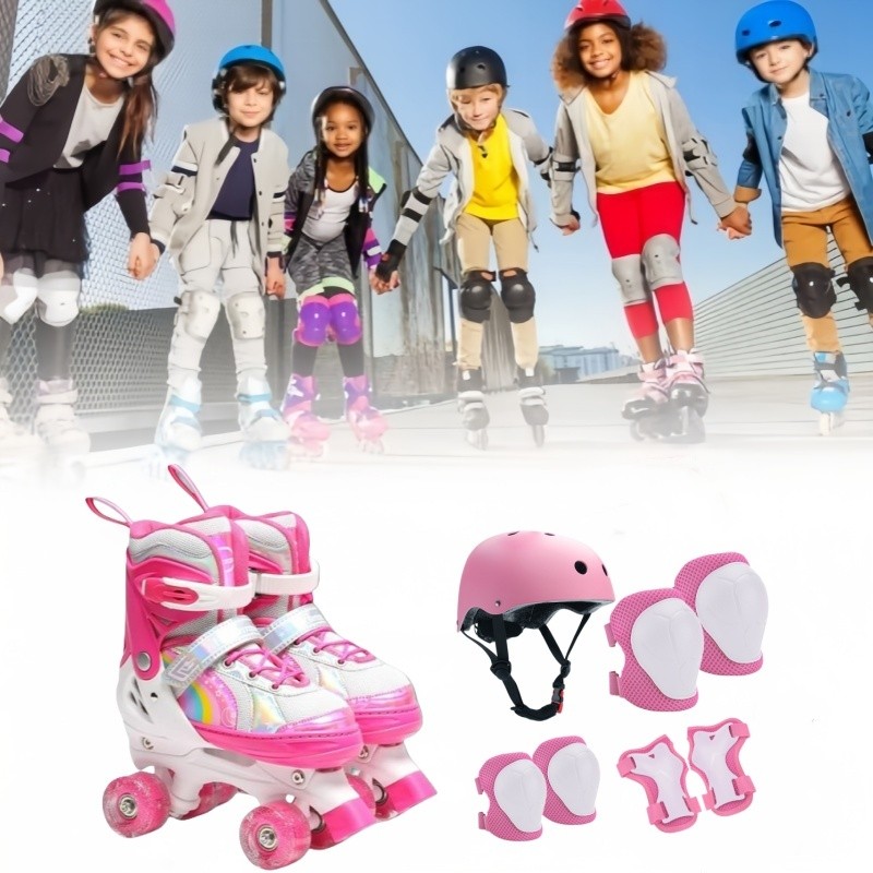 Patins Infantil 4 Rodas ARCO IRIS Com Luz De Led Top Patins Com Kit Proteção e Sem Kit Proteção Meni