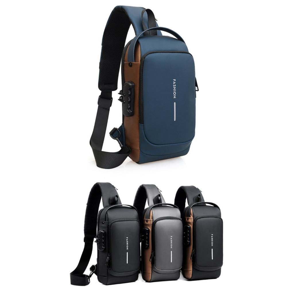Bolsa de Ombro Transversal Compacta Unilateral USB Trava de Código Á prova dágua