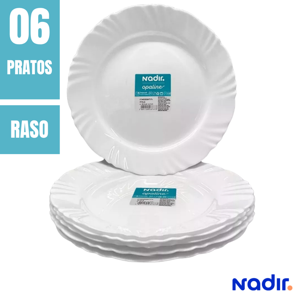 Prato Raso Opaline Pétala Branco Kit 4/6/12 Vidro Temperado Resistente