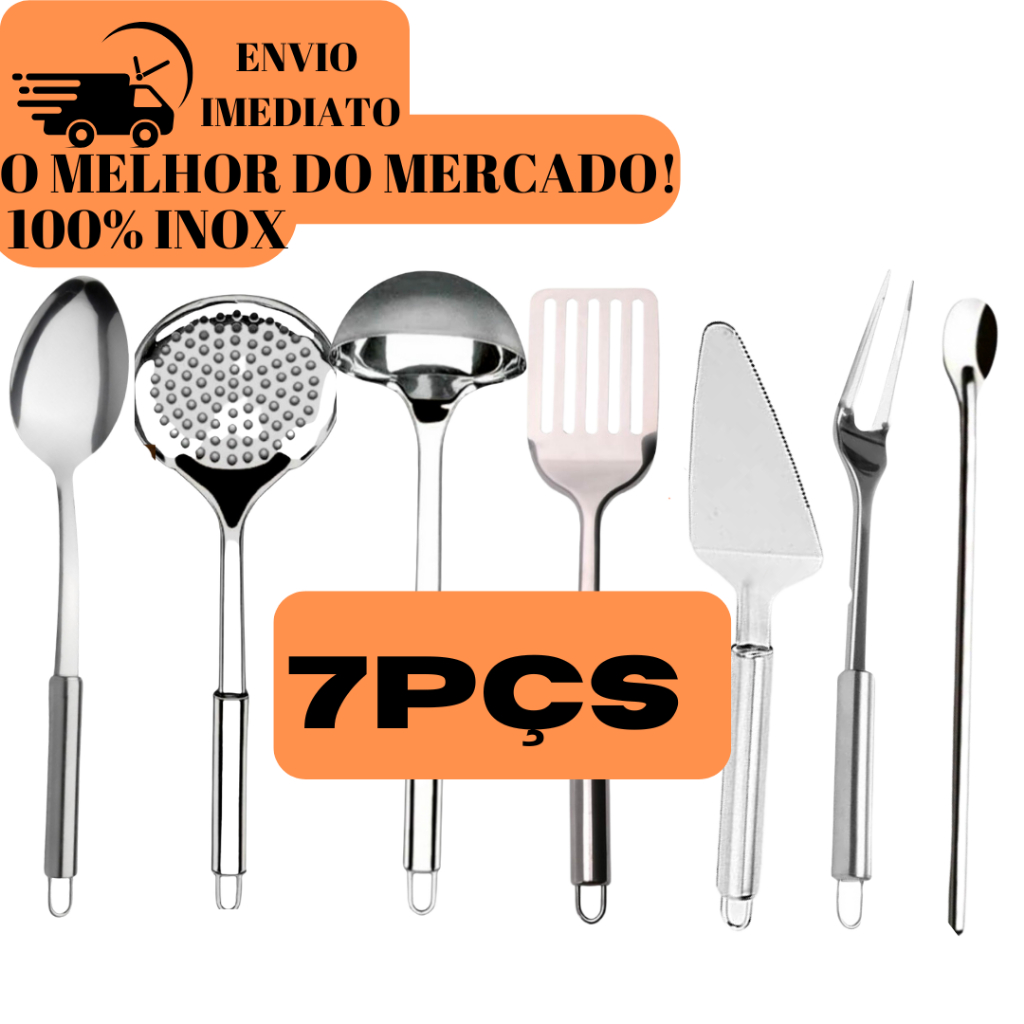 Kit 7 Utensílios Inox Colher Escumadeira Concha Espatula Colher Suco  Espatula Bolo Garfo Trinchante