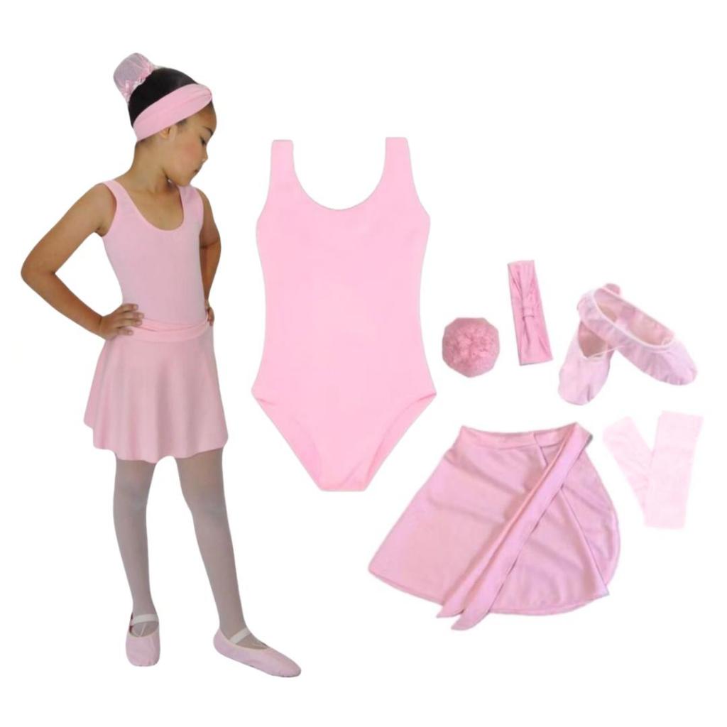 Kit Ballet Infantil 6 itens/ uniforme para dança completo (ROSA) – Saia transpassada e Collant Regat