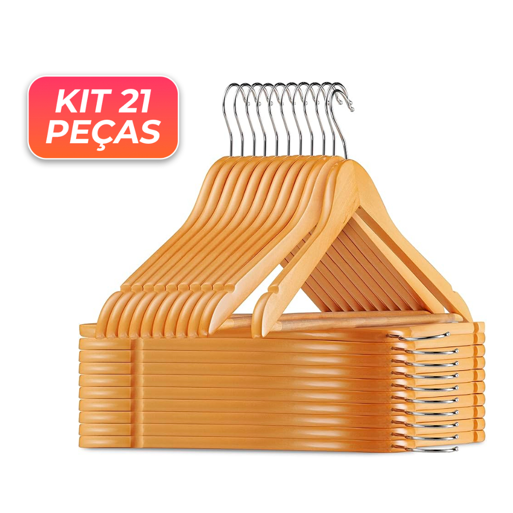 Kit Cabides De Madeira Premium Marfim Para Roupas Calça Gancho Cromado Oliver Home