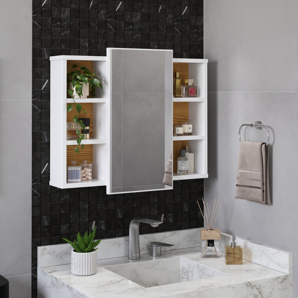 QUEIMA DE ESTOQUE PROMOÇÃO Espelheira Armario Organizador Para Banheiro Com Prateleira Nicho MADRI