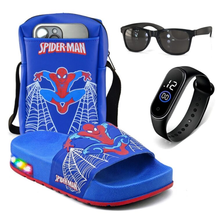 Kit Homem Aranha Com Chinelo Slide de LED Bolsa Re
