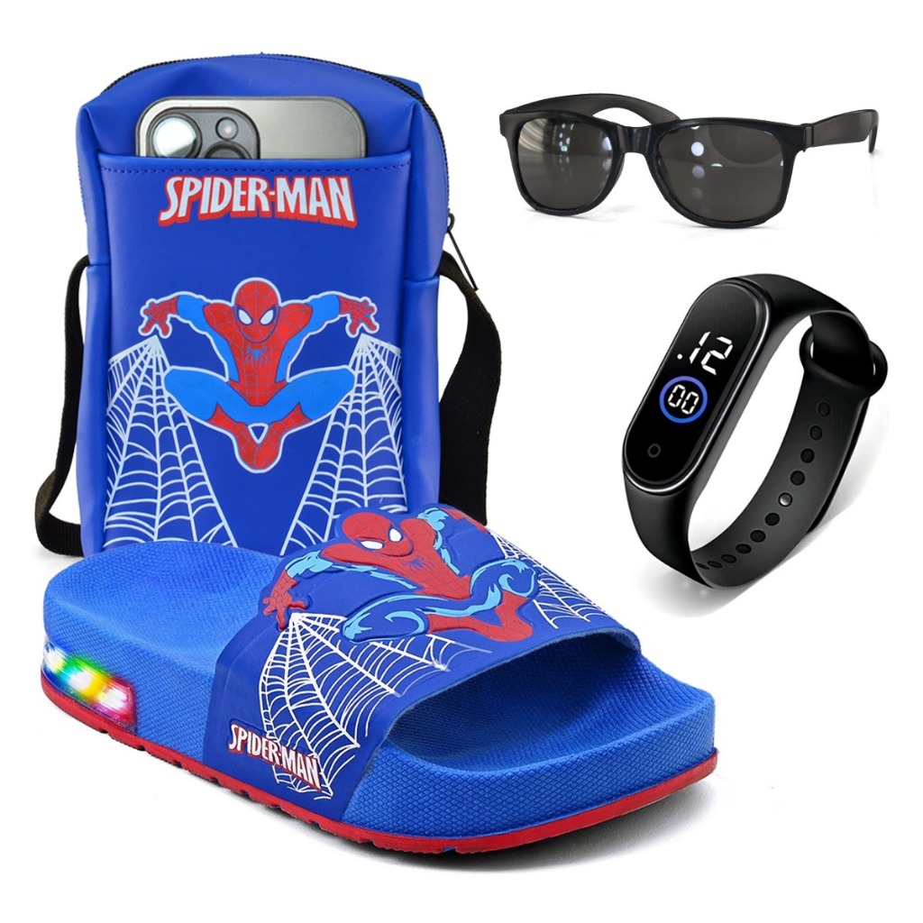 Kit Homem Aranha Com Chinelo Slide de LED Bolsa Relógio e Óculos Todos os Objetos Infantis
