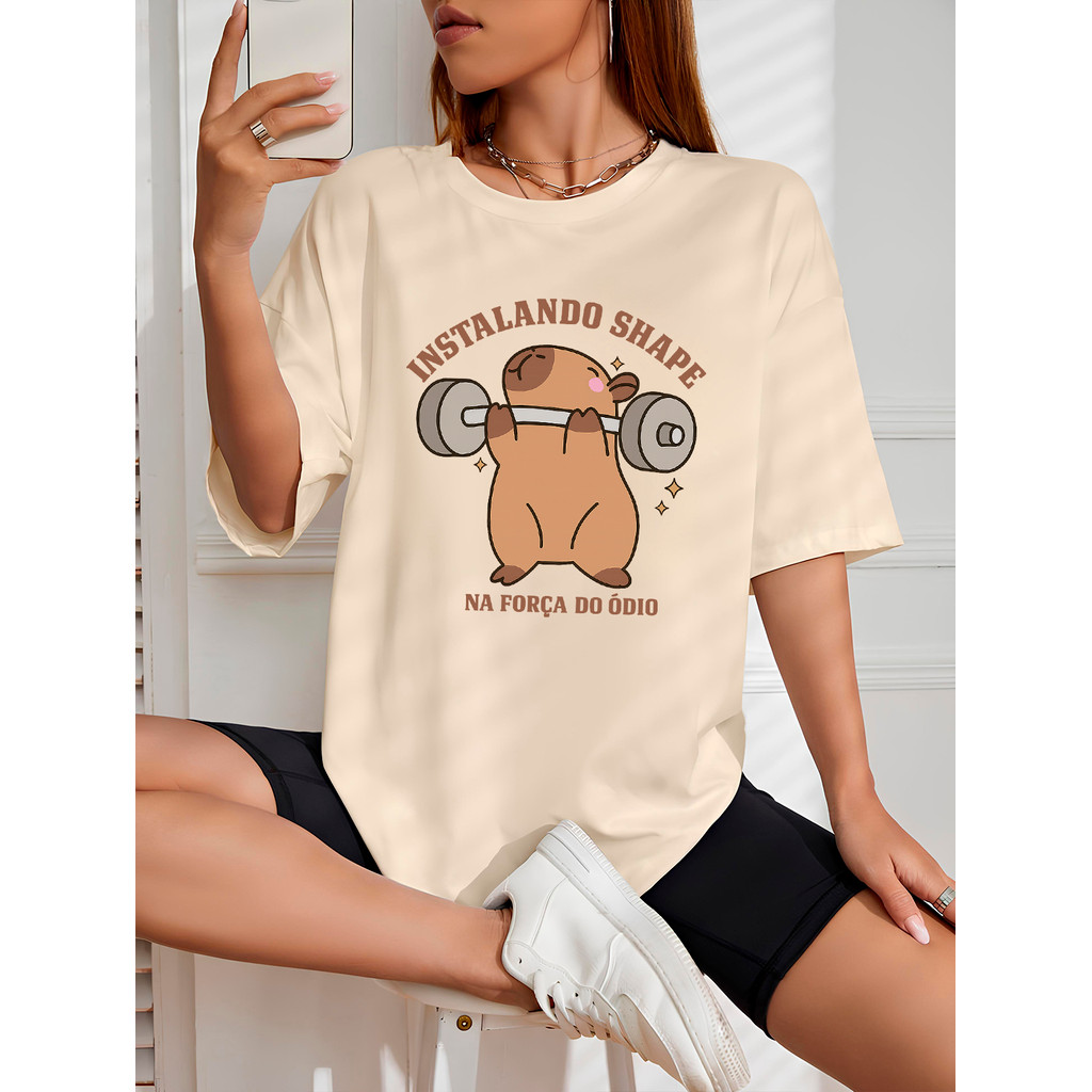 Camiseta Feminina Streetwear Instalando o Shape Capivara Camisa de Algodão 26.1 Premium