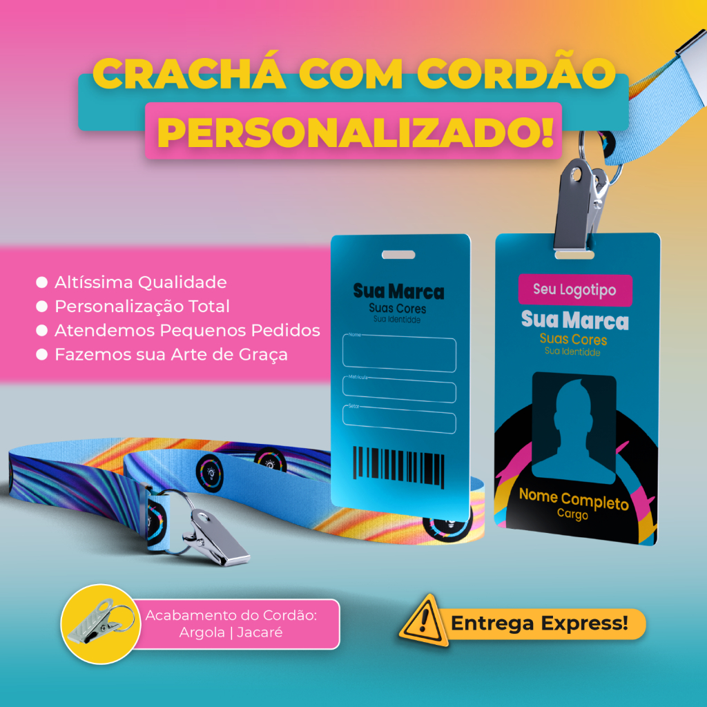Crachá Personalizado com Cordão em PVC para Identificação em Empresas e Eventos Arte Gratuita