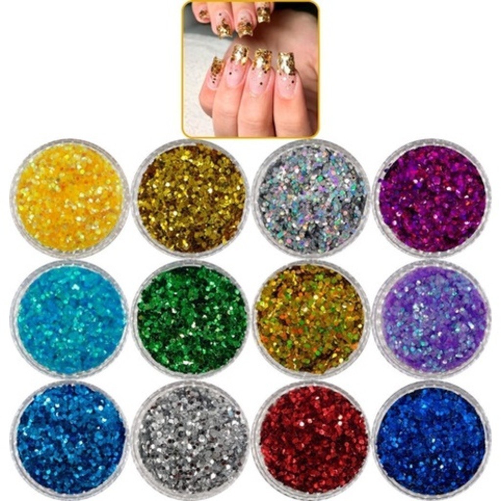 Kit 12 Glitter Decoração Encapsulado de Unhas Gel Acrigel Fibra