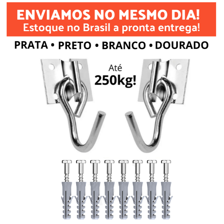 Kit Par de Gancho De Rede De Balanço até 250kg Armador Aço Grosso Reforçado Com 8 Parafusos E Buchas