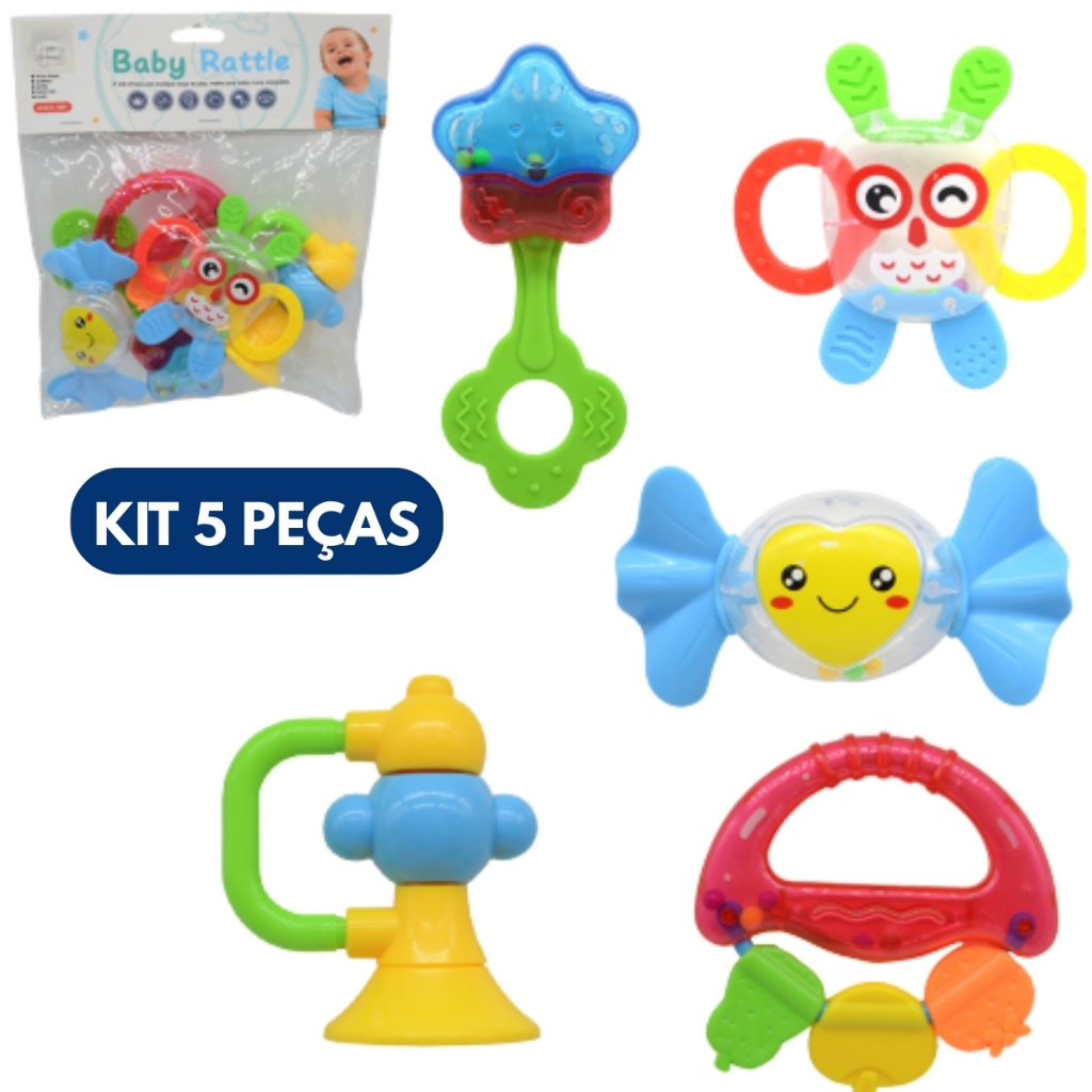 Kit 5 Mordedor Macio Para Bebês Com Sinos De Mão Brinquedo Infantil