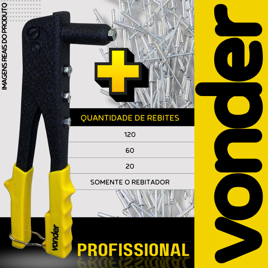Rebitador Profissional + Rebite, Alicate Rebitadeira Manual 10 POL – 4 Furos, Chave – VONDER