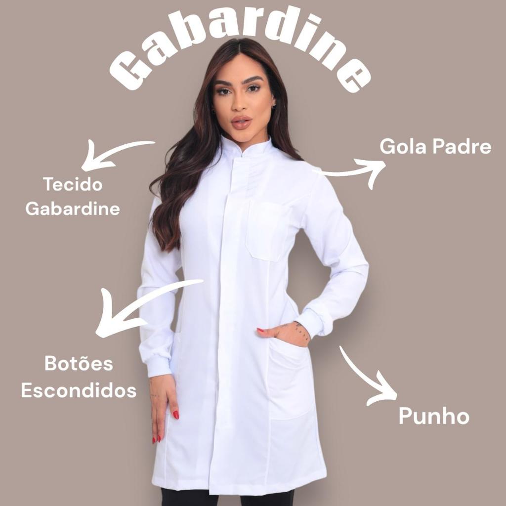Jaleco Branco Feminino Gabardine Manga Longa Para Estágio Enfermagem Fisio Odontologia Moda Branca