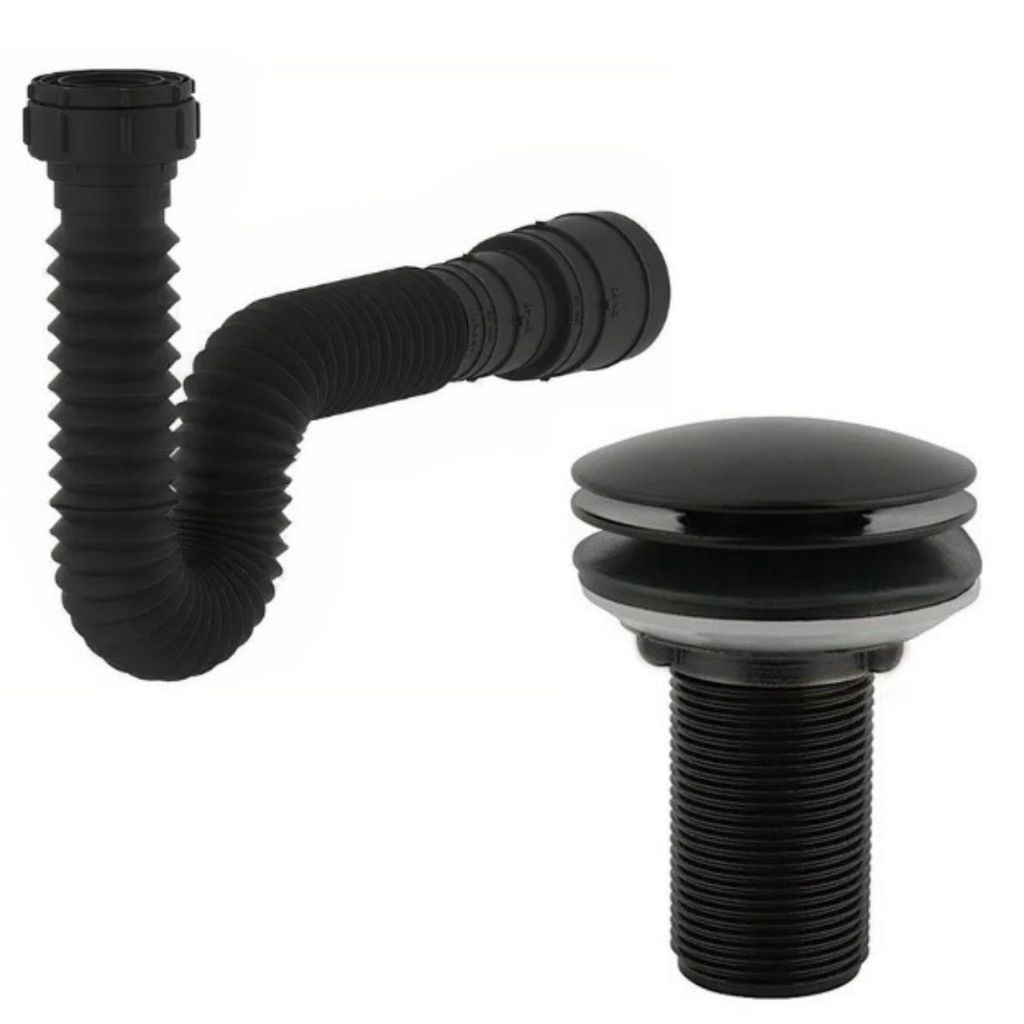 Kit de Banheiro em ABS- Ralo Válvula click 7/8 Preto+ Sifão Flexível Sanfonado Universal
