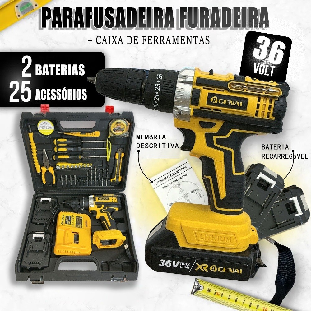 Parafusadeira Furadeira Sem Fio Impacto 2 Bateria Maleta 36v 35N/M