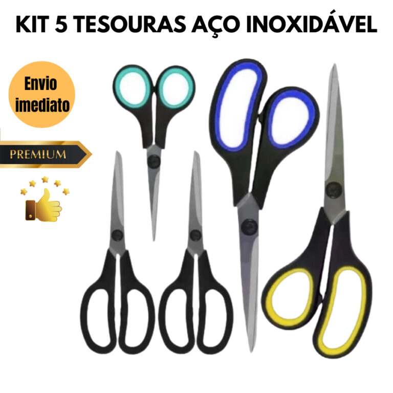 Kit 5 Tesouras de Aço Inoxidável  Multiuso e Alt