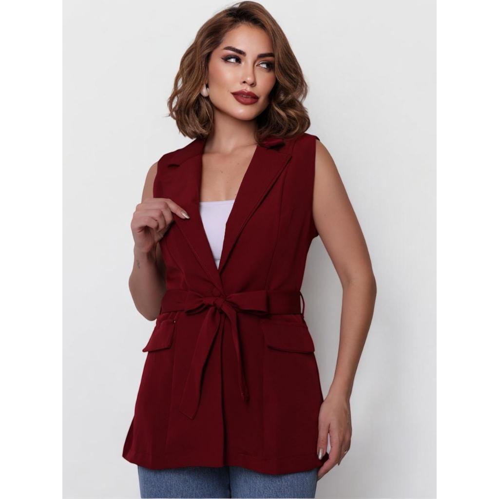 Colete longo com cinto alfaiataria feminino novo 2025