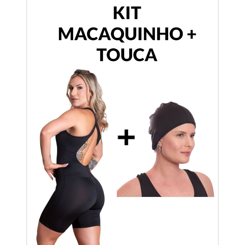 Kit Maiô Macaquinho de Natação e Hidroginástica + Touca Suplex Preto  | Envio Rápido Atacado