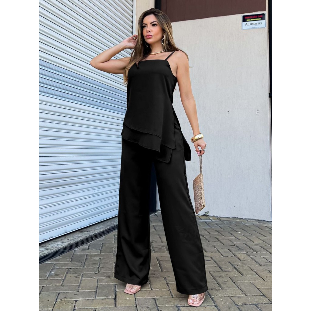 LuluRunModa Conjunto Blusa Tunica em Bata e Calça Pantalona Feminino Elegance – S783