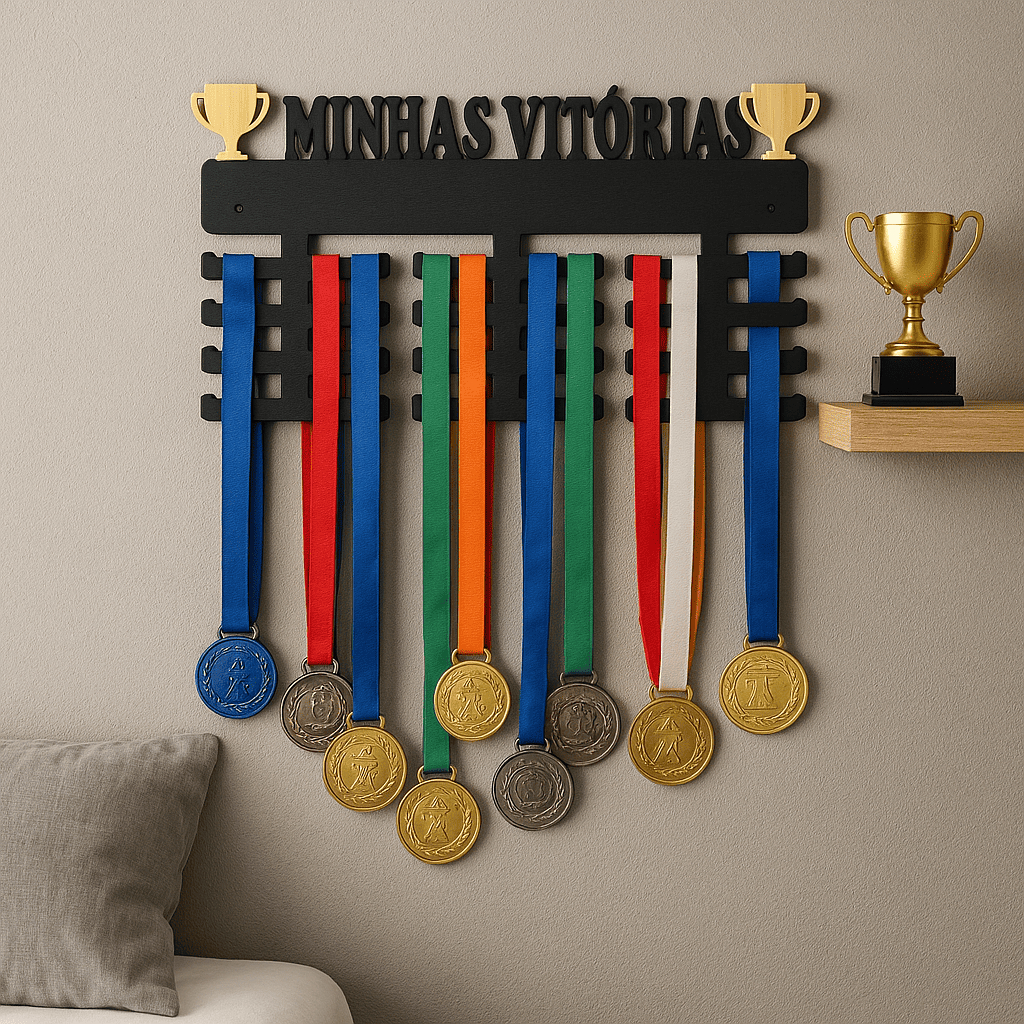 Porta Medalha Madeira Mdf Futebool Corrida Minhas Vitorias Conquista Gancho Decoração De Parede