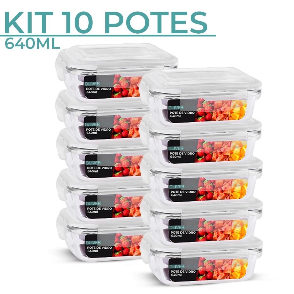 Kit 5/ kit 10 Potes de Vidro 640ml Hermético Marmita Fit com Tampa 4 Travas Oliver Home