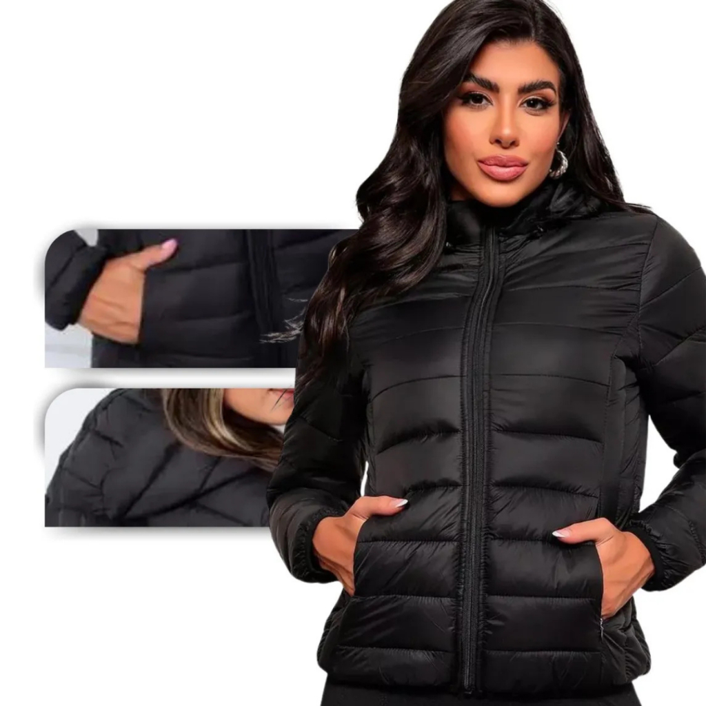 Jaqueta Casaco Bobojaco Puffer Capuz Removível Bolsos Internos Feminina