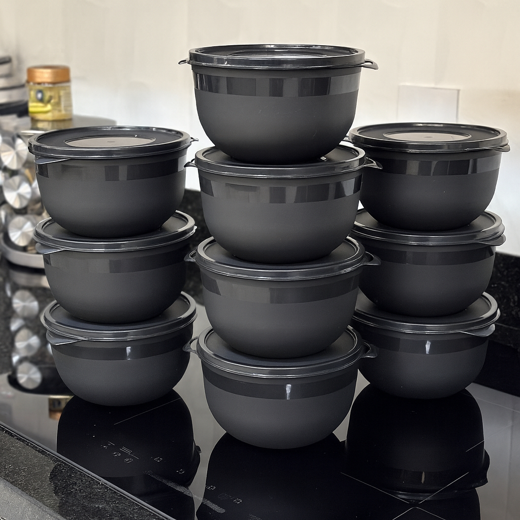 Kit 10 Potes Bowl 1300ml Plástico com Tampa  Marmita Cozinha, Freezer,  Micro-ondas e  Lava-Louças.