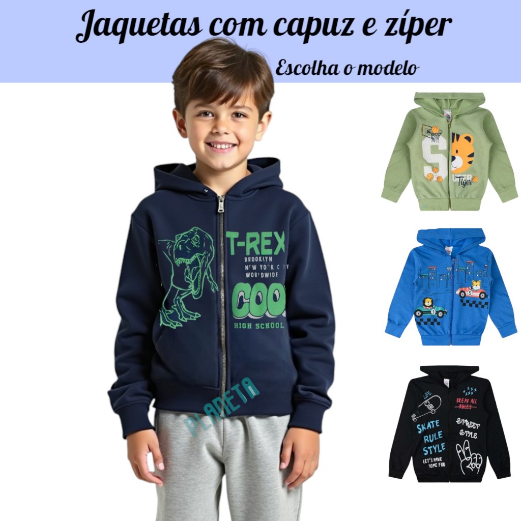 Kit 5 Jaquetas Infantil Juvenil Masculino Inverno Premium com Ziper e Capuz 1 a 16