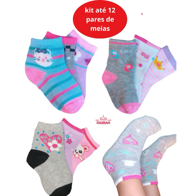 Kit 12 ou 6 Pares Meia Infantil Cano Longo Feminina Sortida