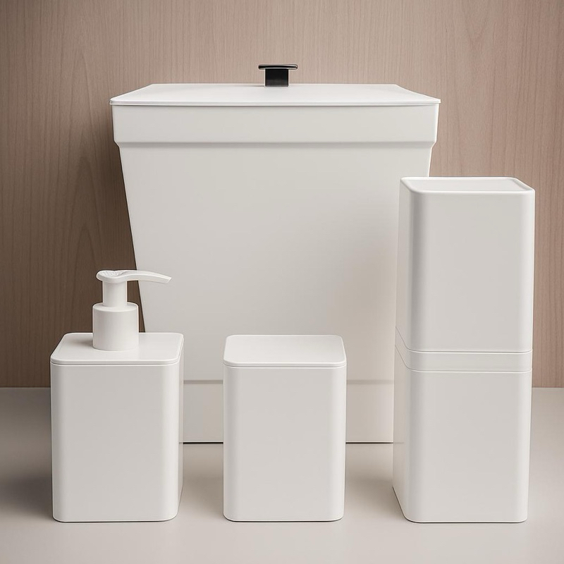 Kit Banheiro Bambu Escova Sanitária Lixeira Conjunto Lavabo Completo