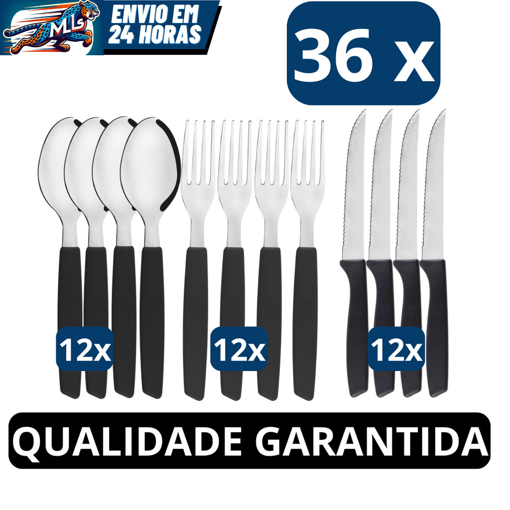 Jogo de Talheres 36 peças Preto Aço Inox 12 Facas 12 Garfos e 12 Colheres de Mesa Casa Para Cozinha