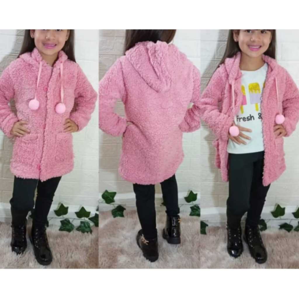 Casaco Teddy Para Meninas Quentinho Com Bolsos e Capuz Casaco De Pelinhos Com Pom Pom Roupa De Crian