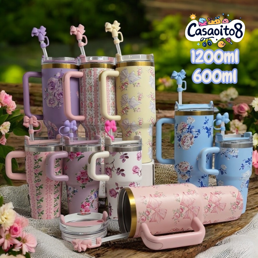 Copo Térmico Floral com Canudo 1200ml/600ml Garrafa com Protetor de Garrafa OU Protetor de Canudo