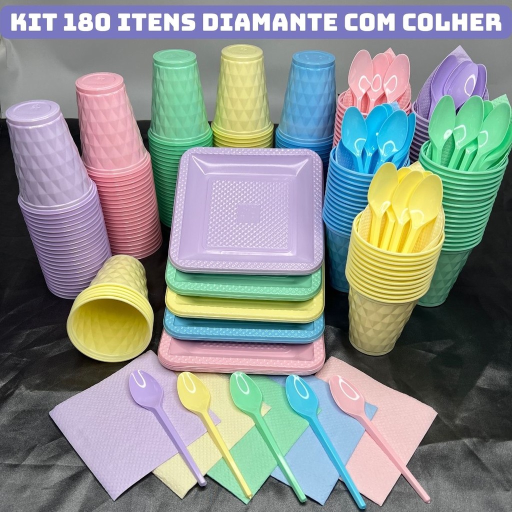 Kit 180 Itens Festa Aniversário Completo Candy Pastel Descartável Pratinho Copo Colher Guardanapo P/
