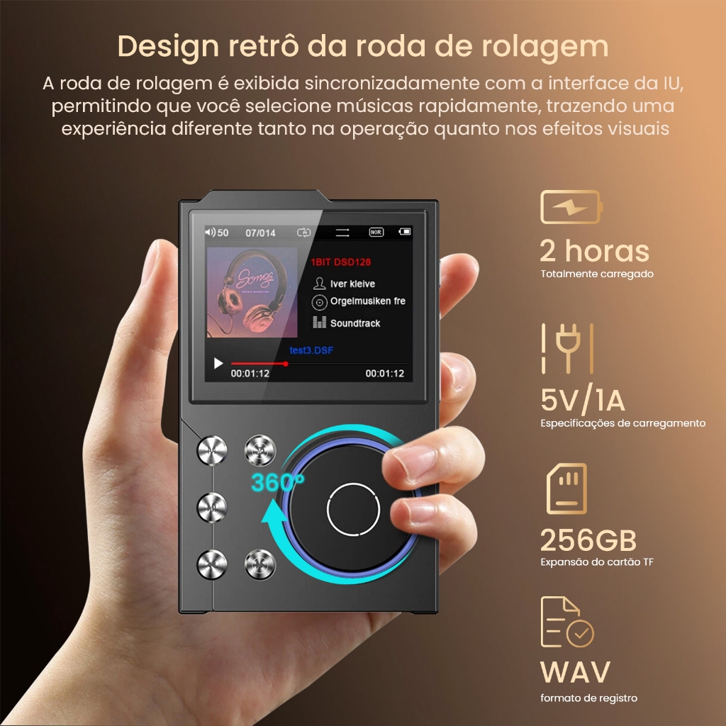 Player Hi-Fi Retrô com Roda de Rolagem + Fone 3.5 Hi-Fi Grátis | 16GB Interno