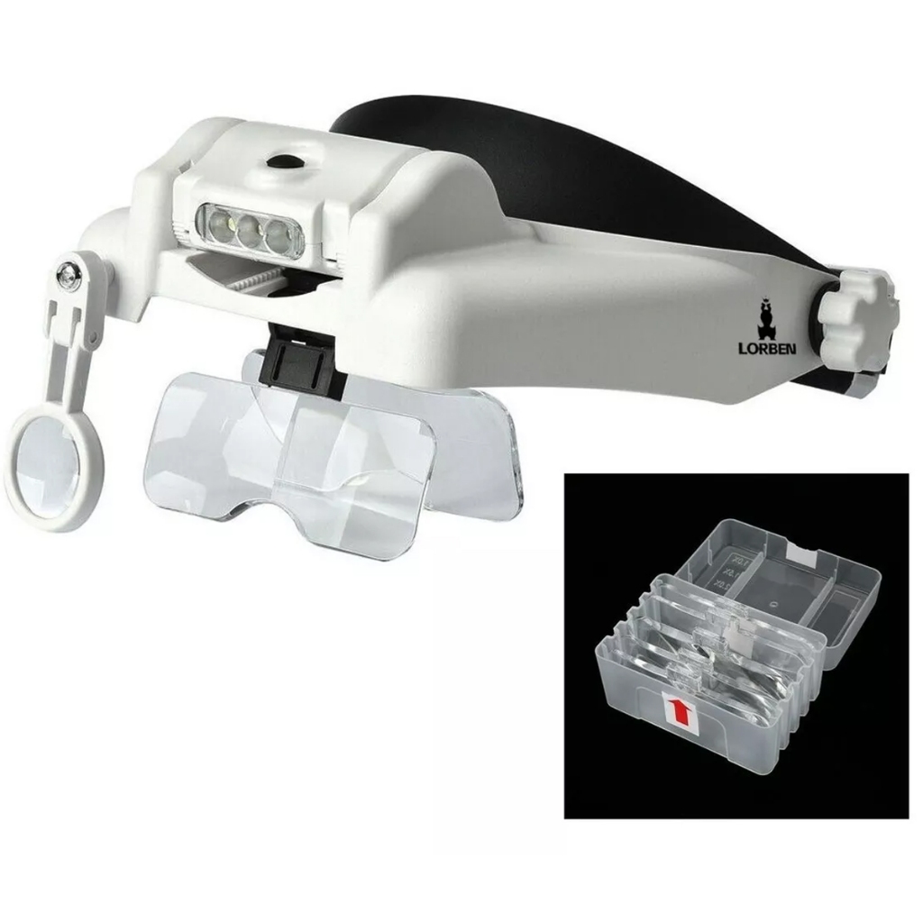 Lupa de Cabeça Lorben Óculos 6 Lentes 3 Leds Recarregável Estética Leitura Eletrônica