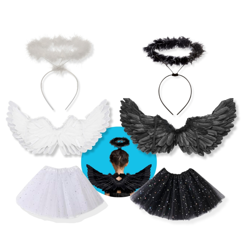 Asa Kit Anjo Negro Pena Fantasia Carnaval Halloween Cosplay 60cm 80cm Tiara Saia Tule Tutu
