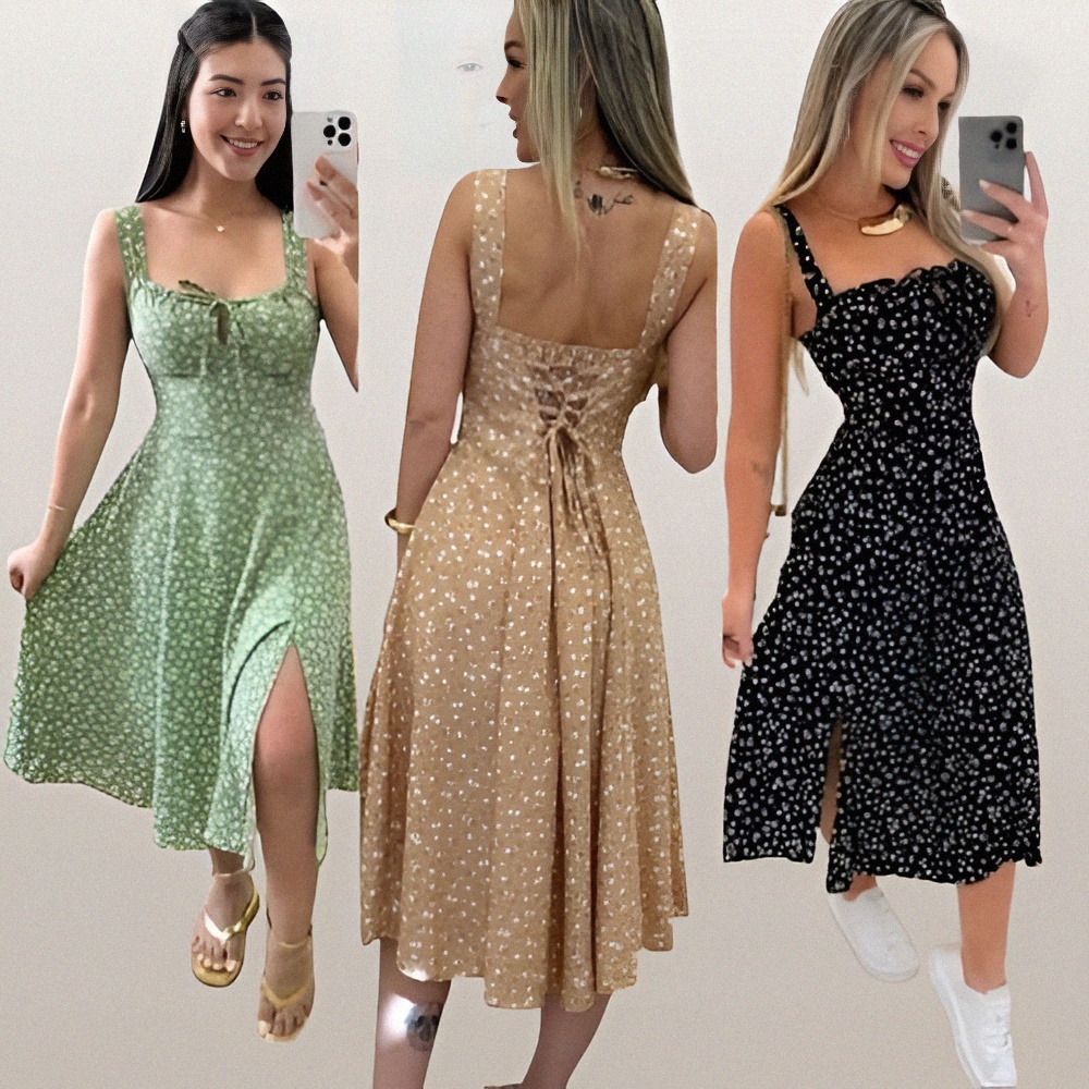 Vestido Feminino Mídi Romântico Estampa Floral | Fenda lateral Laço no Busto | Tendencia Moda