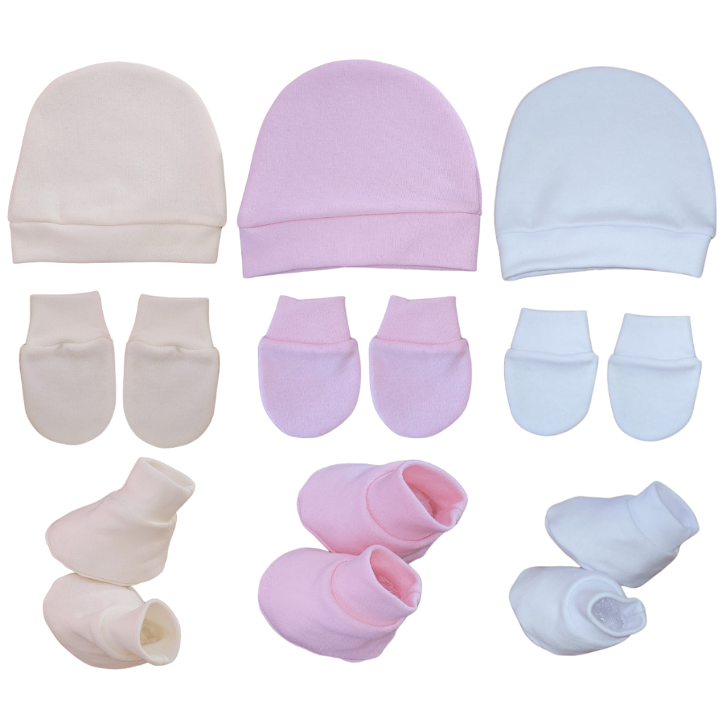 3 Kit Recém Nascido Sapatinho Luva E Touca Suedine Básico Bebê 100% Algodão Suedine Fofo Maternidade