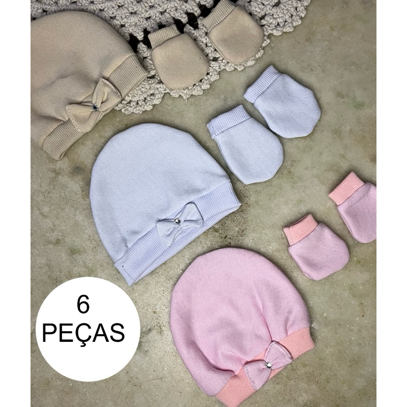 Kit 3 Toucas e 3 Luvas Bebê Menina RN Recém-Nascido Algodão Macio Enxoval