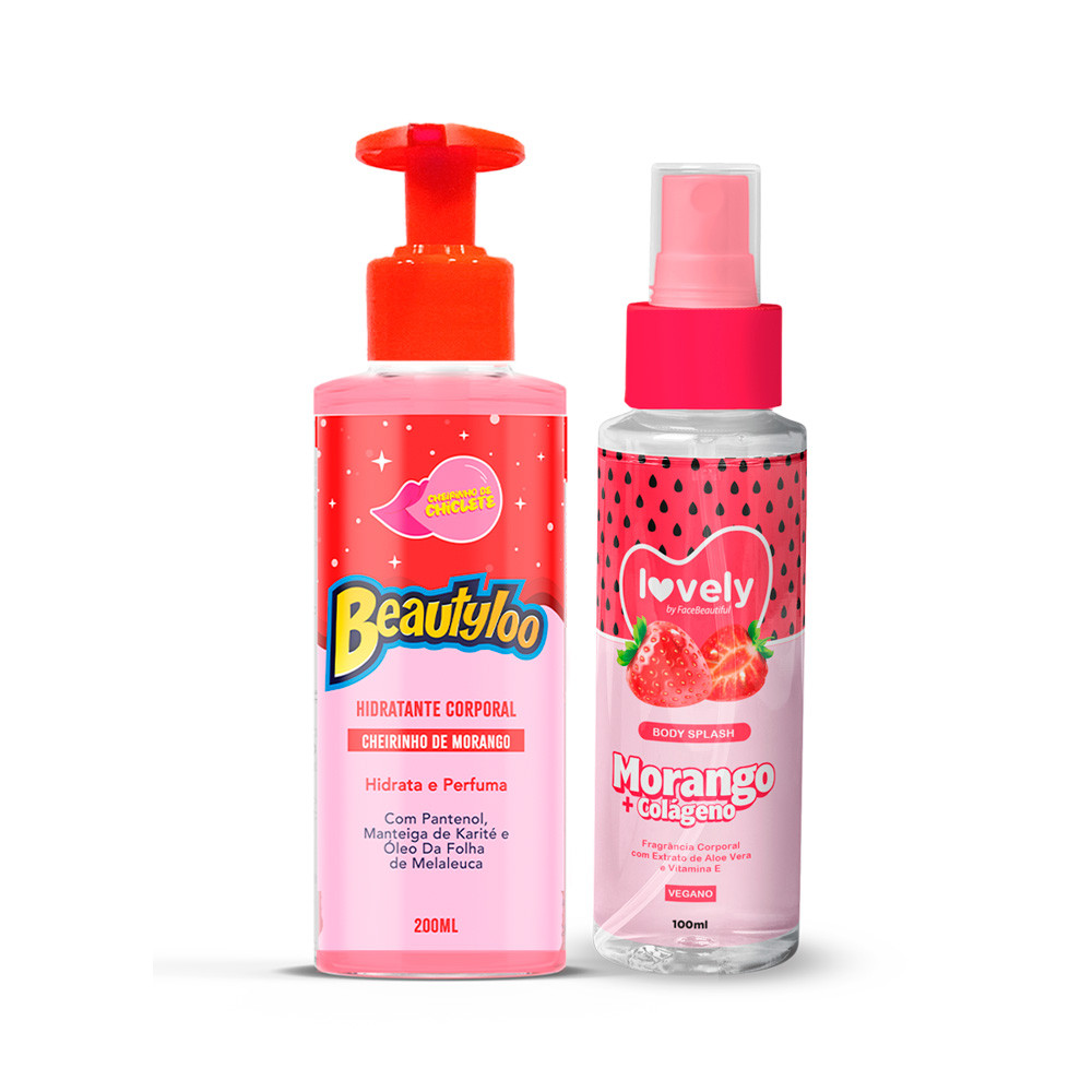 Kit Hidratante Corporal Body Splash com Cheiro de Morango Perfume Face Beautiful