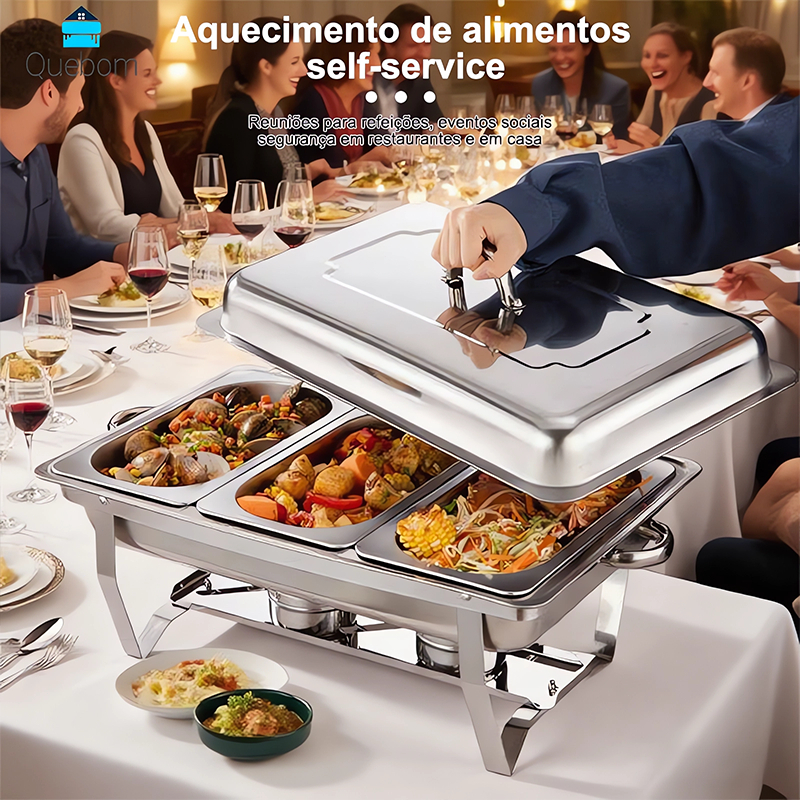 Rechaud Inox 12 Litros Profissional Retangular Banho Maria Kit Completo 6 Peças para Buffet Grande