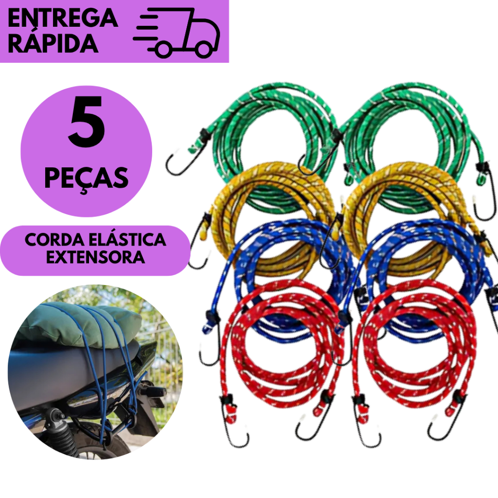 Kits 5/4/3 ou 2 Extensor Elástico Com Ganchos P/ Amarrar Carga Moto Carro Bagageiro Reforçado 1,5 Mt
