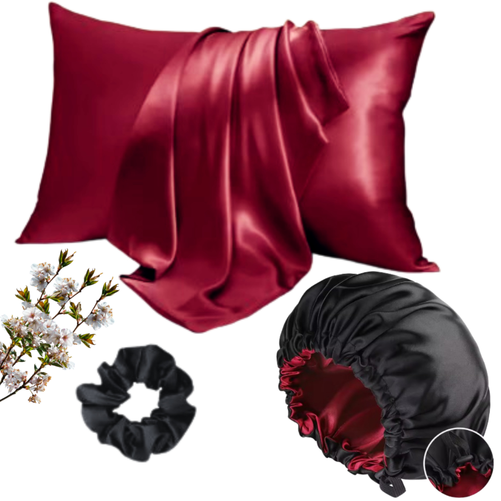 Kit Cetim Antifrizz  Fronha + Touca Regulável Dupla Face + Scrunchie Premium