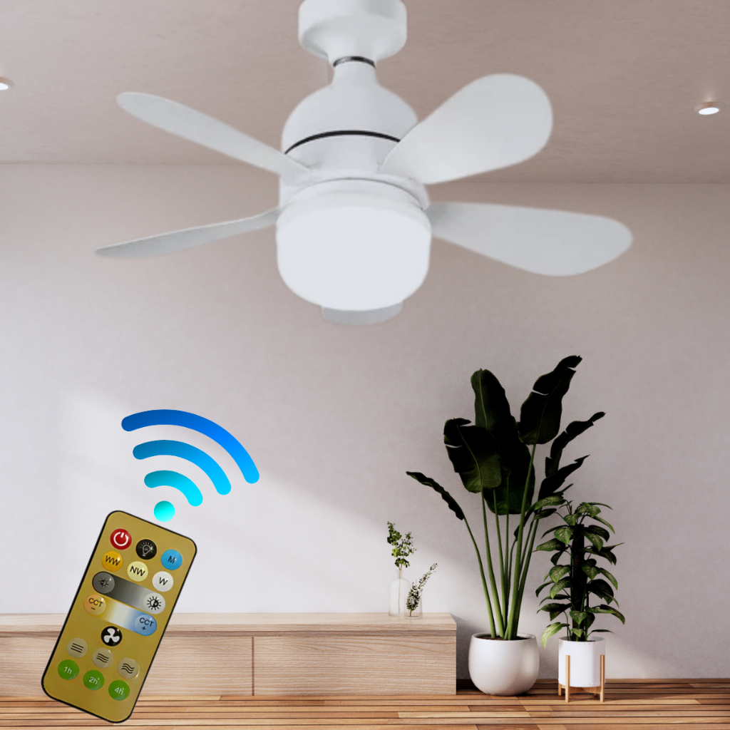 Ventilador de Teto Silencioso com Lâmpada 12w Led Bulbo 80w Controle BF BQ Bivolt 5 Pás Flowers