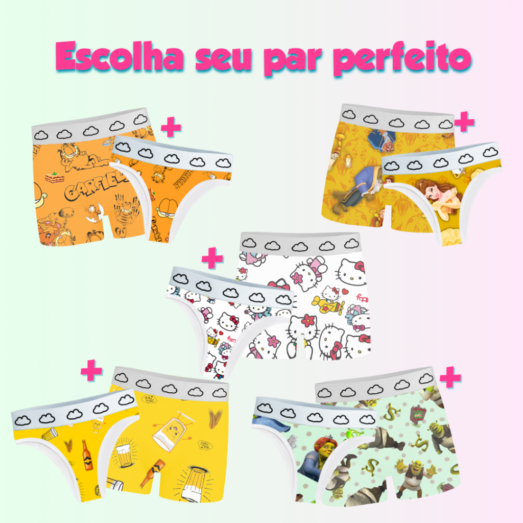 KIT CUECA E CALCINHA CASAL NAMORADOS ESTAMPADO PERSONAGEM