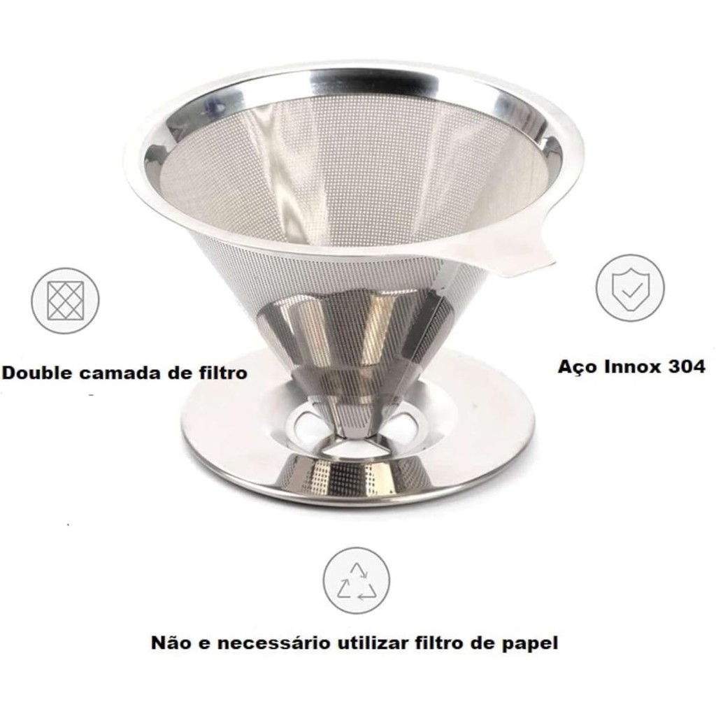 Coador de Café Inox 103 Reutilizável com Alça de Silicone | Filtro Peneira Aço