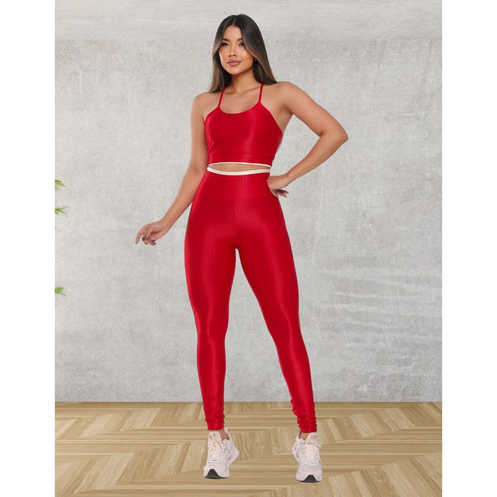 Conjunto de Calça Legging e Top Reto Feminino Fitness Para Academia