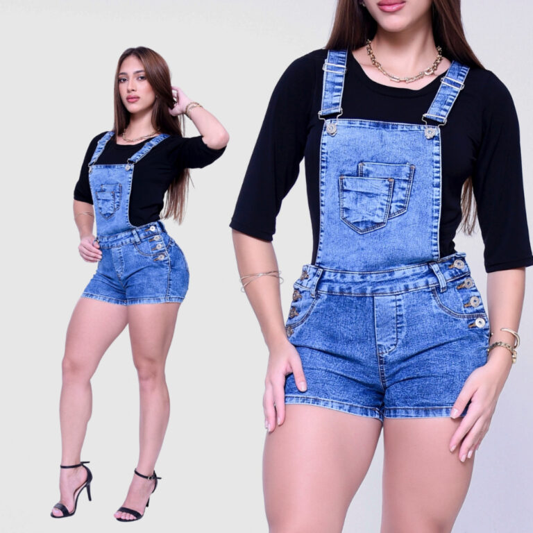jardineira macaquinho jeans feminina curta alta qu