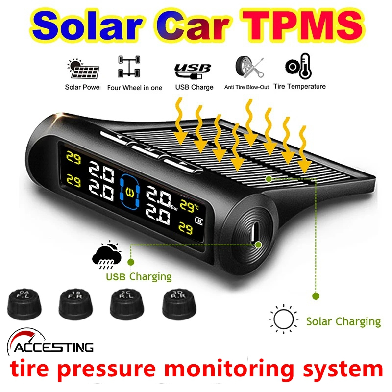 Sistema de monitoramento de pressão de pneus sem fio tpms, alarme solar de pressão de pneus de carro